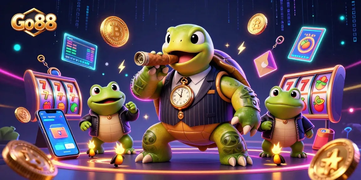 Experience exhilarating wins with Go 88's vibrant casino scene, featuring animated turtles and crypto elements.