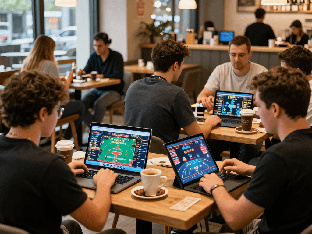 Dynamic café scene of gamblers using gambleonline for online gaming and sports betting.