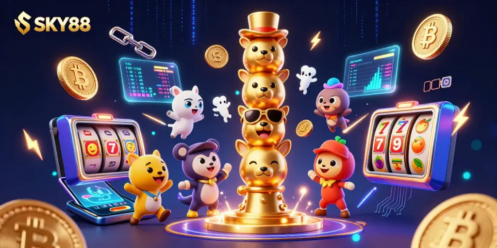 Experience the vibrant world of SKY88 in this dynamic casino illustration featuring animated elements and gambling themes.
