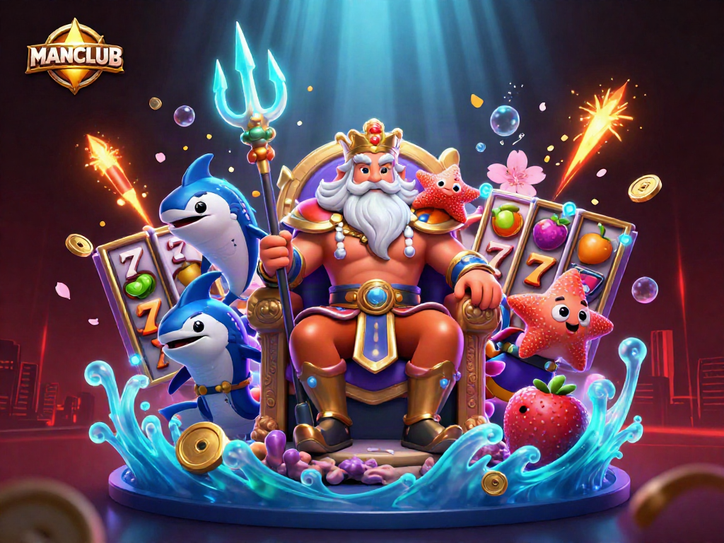MANCLUB showcases a vibrant online casino scene with slot reels and neon payouts.