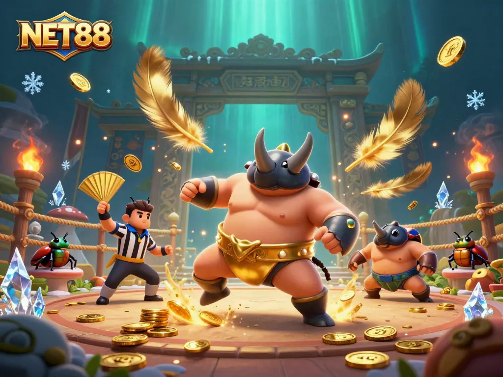 NET88 sports betting action showcasing a sumo champion beetle amidst gold coins and vibrant energy.