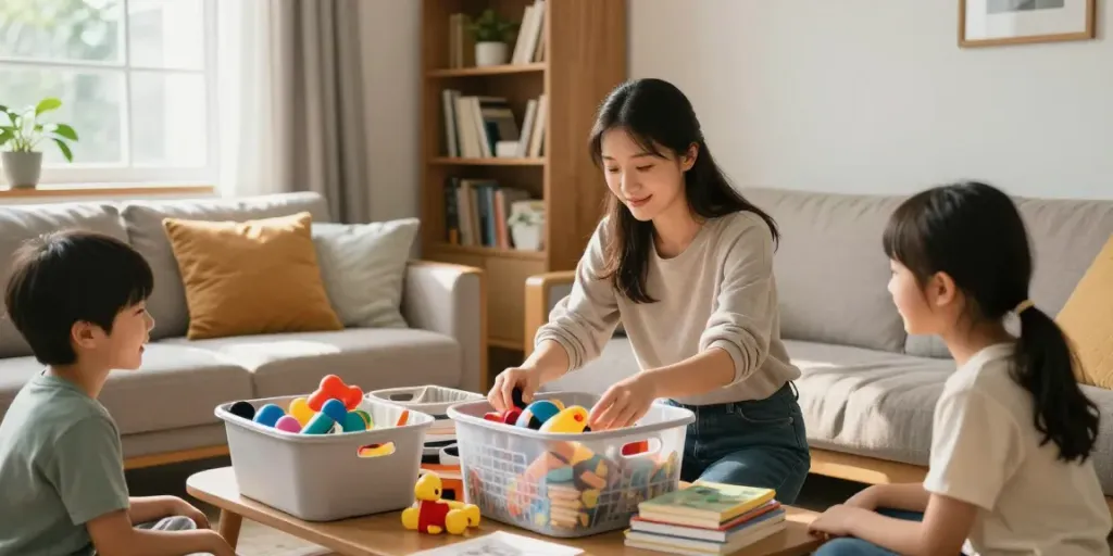 Home organizing Ottawa scene with a cheerful professional helping a family declutter their living room.