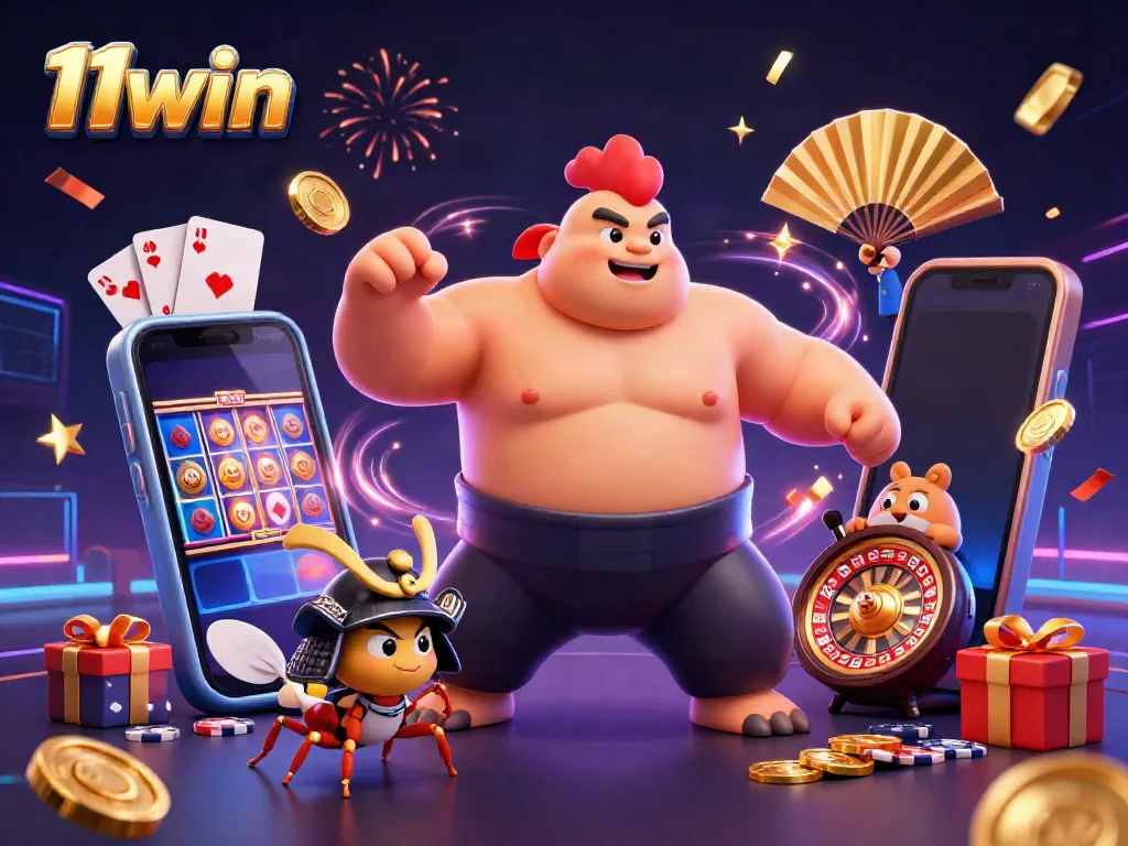 Engage with thrilling games at 11win's vibrant casino featuring colorful slots and excited characters.