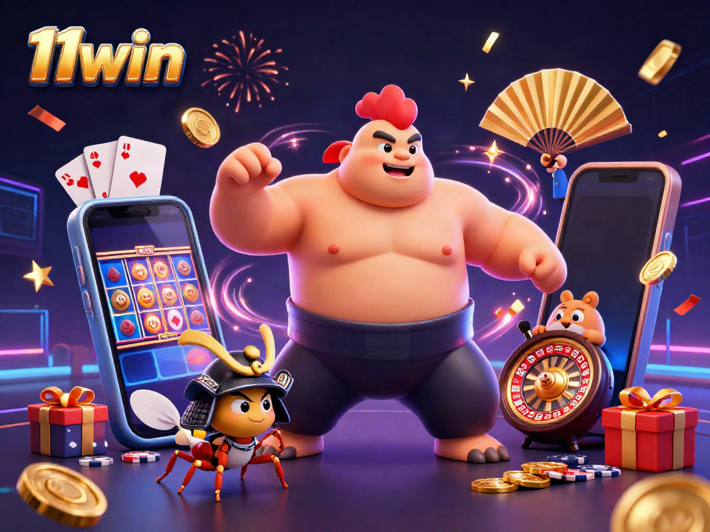 Engage with thrilling games at 11win's vibrant casino featuring colorful slots and excited characters.