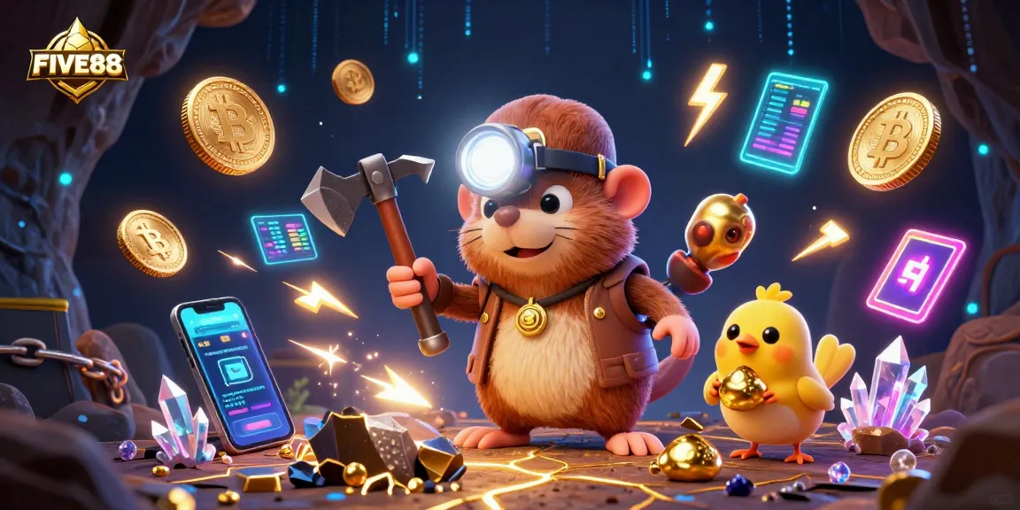 Join the adventure with FIVE88, where treasure hunting meets cryptocurrency mining amid glowing gems.