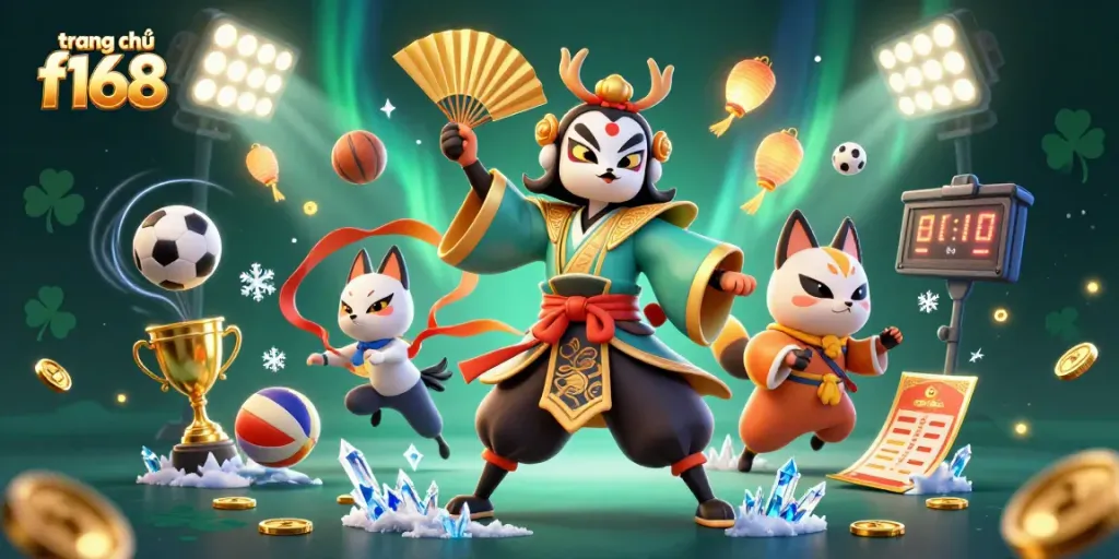 Engaging scene featuring trang chủ f168, showcasing a kabuki warrior, sports elements, and vibrant energy.