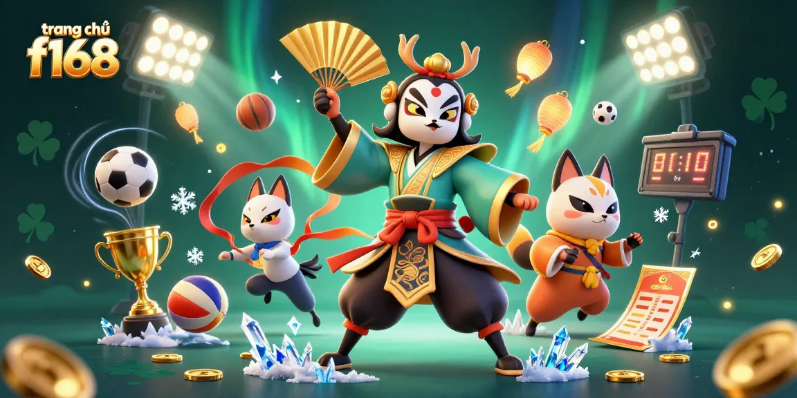Engaging scene featuring trang chủ f168, showcasing a kabuki warrior, sports elements, and vibrant energy.