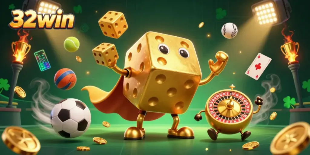 Experience thrilling gambling action at 32win with dynamic gaming elements and golden dice.