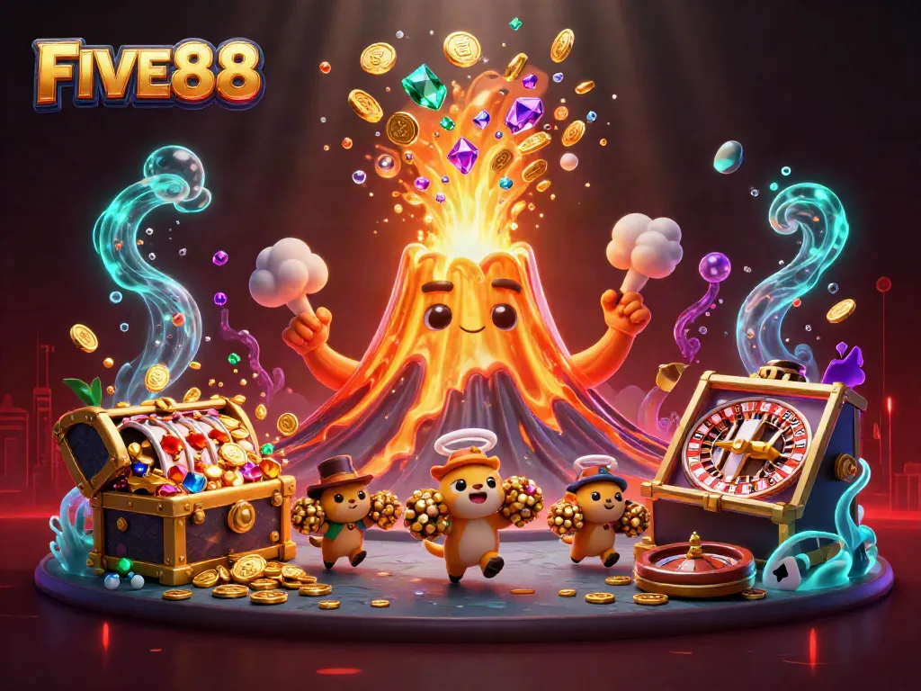 Experience the excitement at FIVE88 with a vibrant 3D illustration showcasing a golden volcano amid casino thrills.