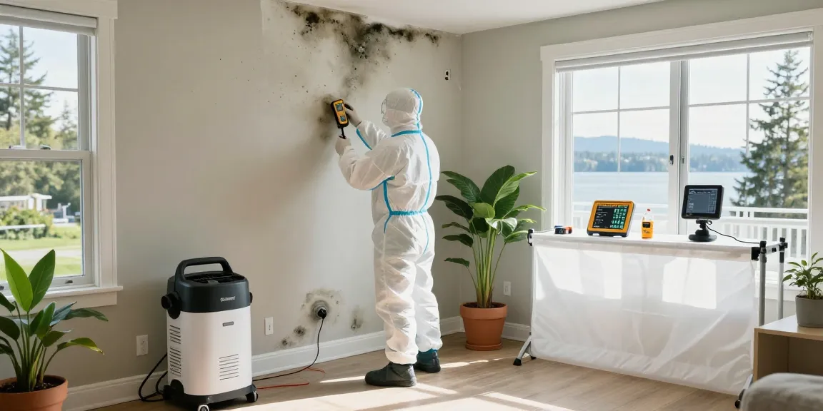 Mold Remediation Vancouver technician actively inspecting moisture behind drywall, showcasing professional mold remediation processes.