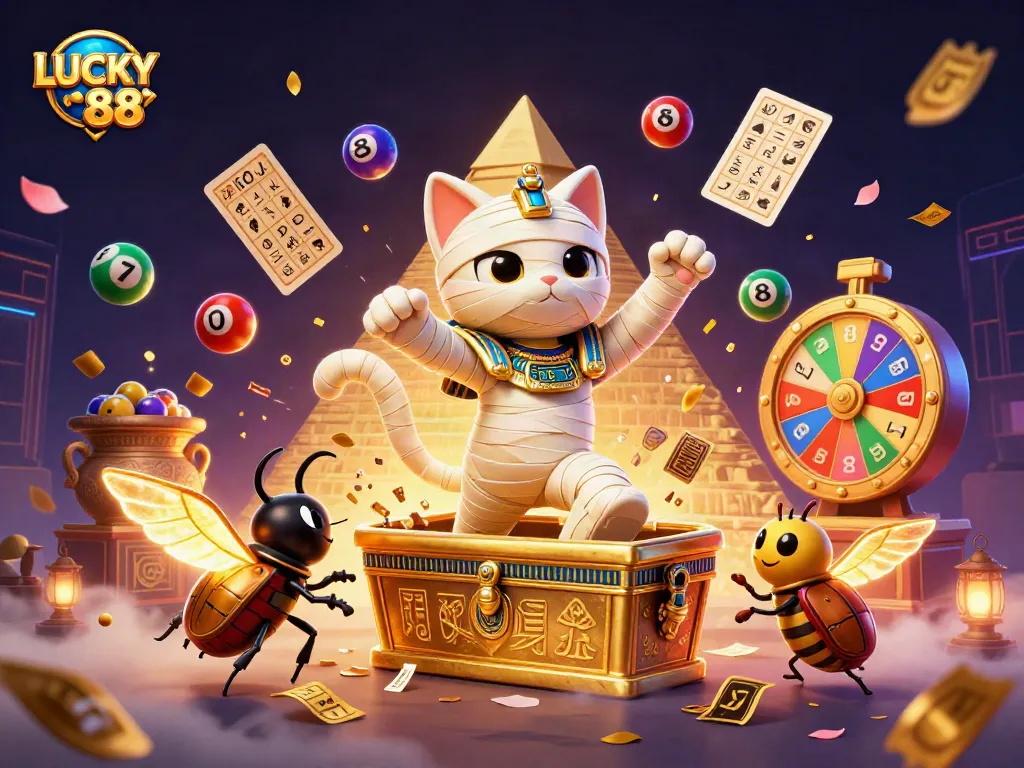 Engage with LUCKY88 through vibrant 3D casino illustration showcasing Egyptian themes and gaming excitement.
