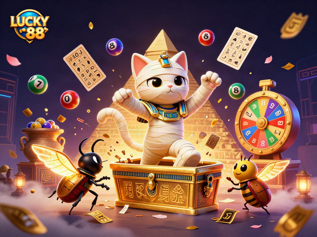 Engage with LUCKY88 through vibrant 3D casino illustration showcasing Egyptian themes and gaming excitement.