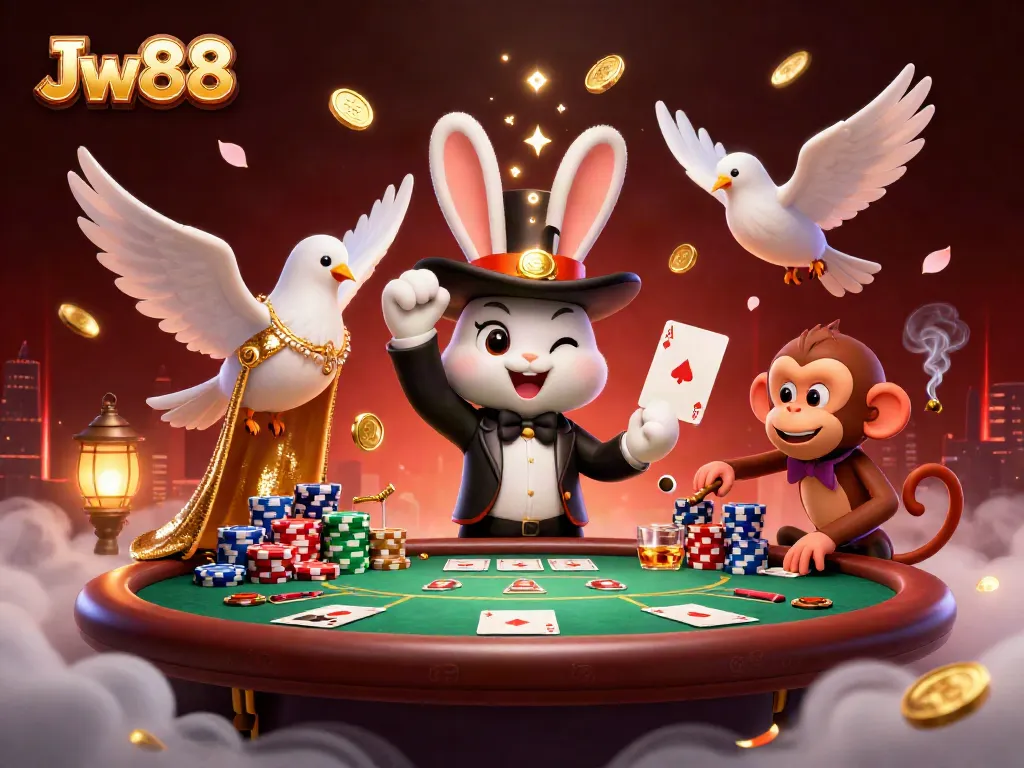Engage in thrilling gameplay at Jw88, with a magician rabbit, poker chips, and dynamic casino elements.