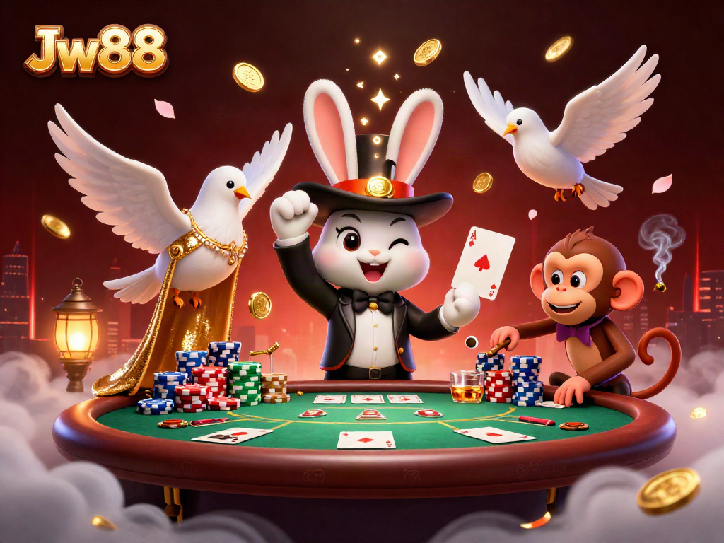 Engage in thrilling gameplay at Jw88, with a magician rabbit, poker chips, and dynamic casino elements.