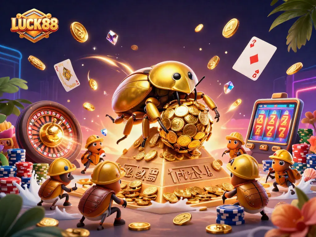 Spin the reels of LUCKY88 with golden coins and vibrant casino symbols in a 3D illustration.