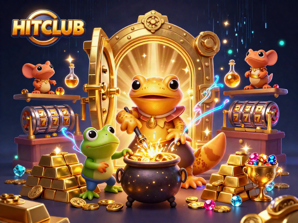 Engage with HITCLUB's enchanting casino world, showcasing a dynamic scene of gold transmutations, slots, and winning potential.