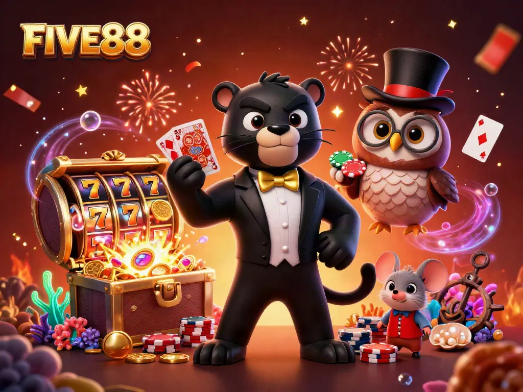 Experience the excitement of FIVE88 with a stylish panther dealing cards surrounded by rich casino elements.