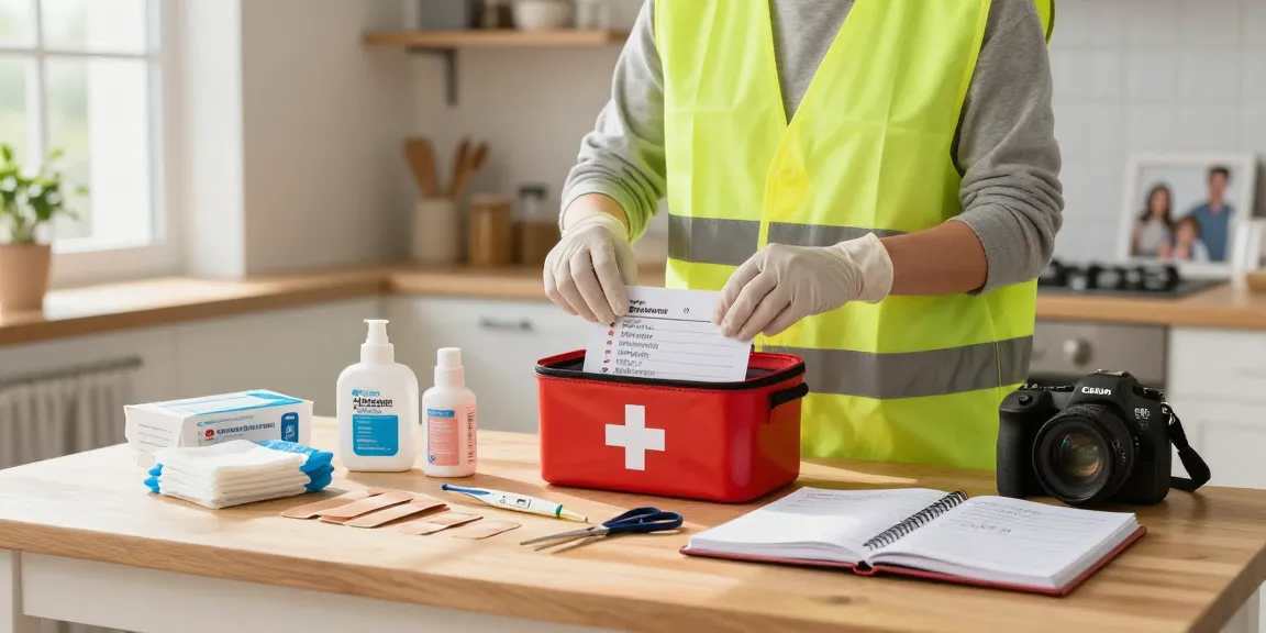 Organized first aid box items list on a kitchen table for home safety
