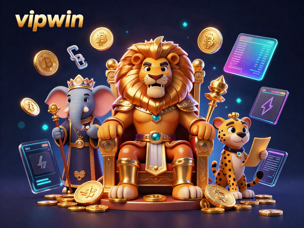 Experience the excitement of vipwin with a vibrant 3D casino scene featuring a lion king ruling over golden coins.