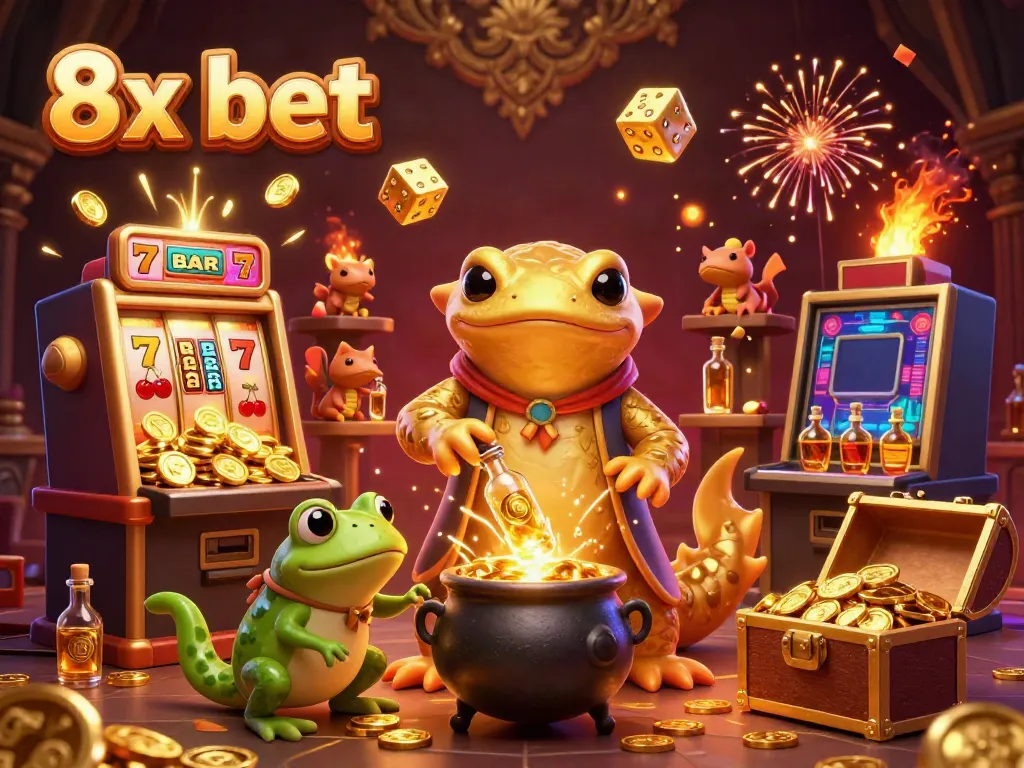 Engage with thrilling action at 8x bet, illustrated by a golden salamander alchemist in a vibrant casino setting.