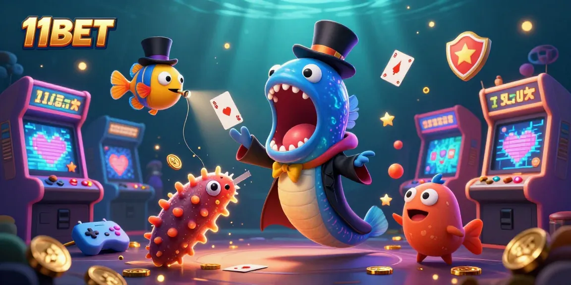 Engage with 11BET’s thrilling games illustrated through vibrant 3D characters performing magical casino tricks.