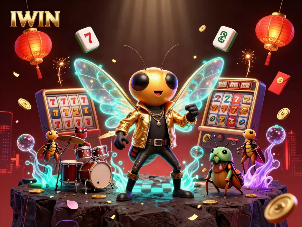 IWIN casino promotional illustration featuring vibrant characters, slot reels, and lucky symbols.