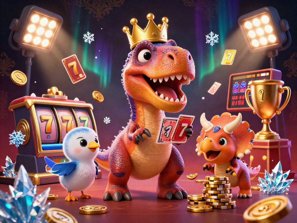 Experience the excitement of HITCLUB with a dynamic casino scene featuring T-Rex and friends.