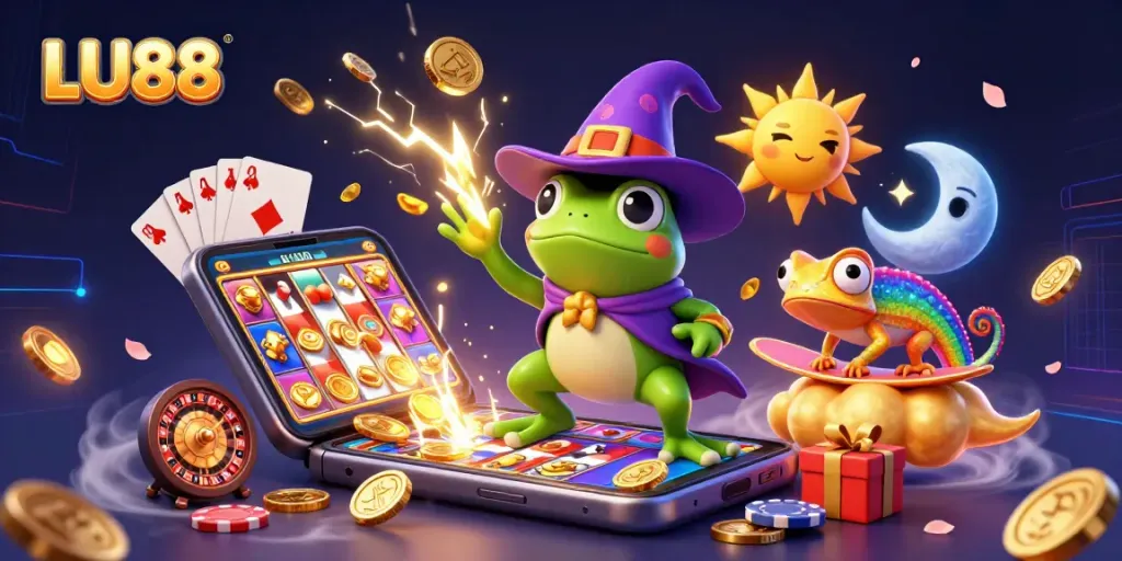 Experience LU88's thrilling gaming with a wizard frog and chameleon amidst golden coins and vibrant slots.