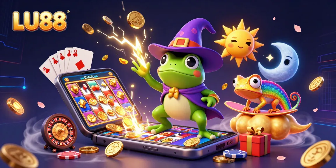 Experience LU88's thrilling gaming with a wizard frog and chameleon amidst golden coins and vibrant slots.