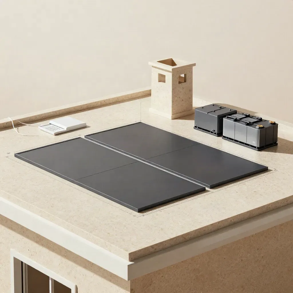 Solar sizing mockup with panels, vent box, chimney cutout, battery and inverter on a roof deck.