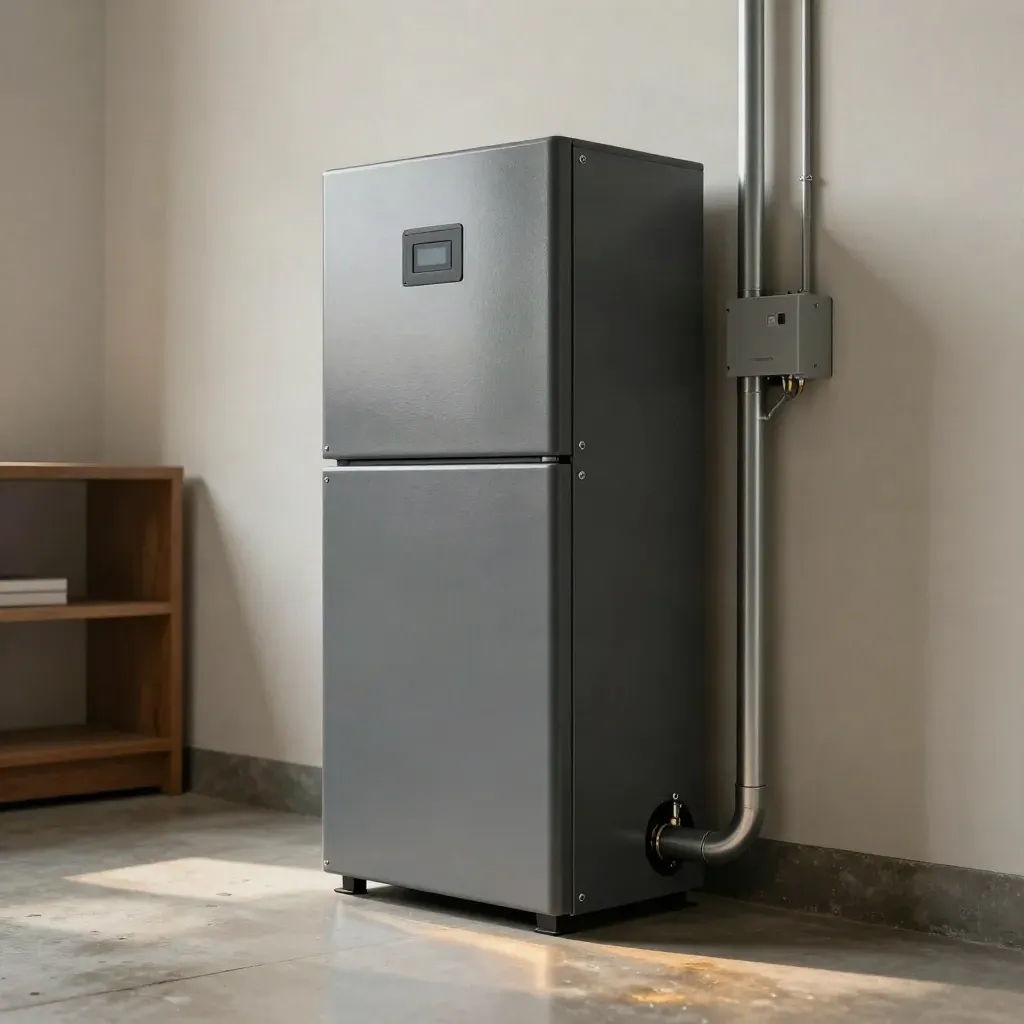 Wall-mounted battery storage stack with inverter and conduit in a dramatic utility room