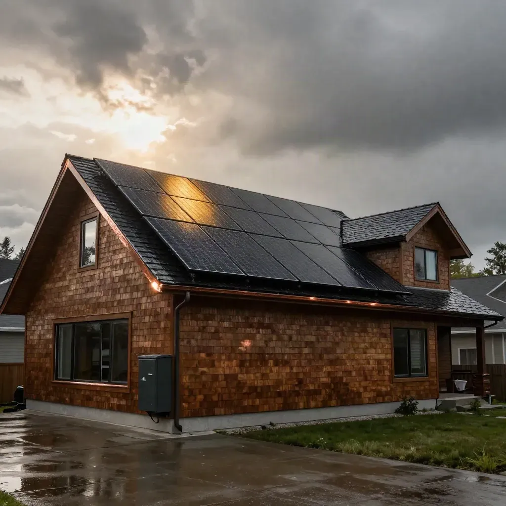 Storm-washed Canadian roof with black solar panels and battery cabinet in golden late-afternoon light