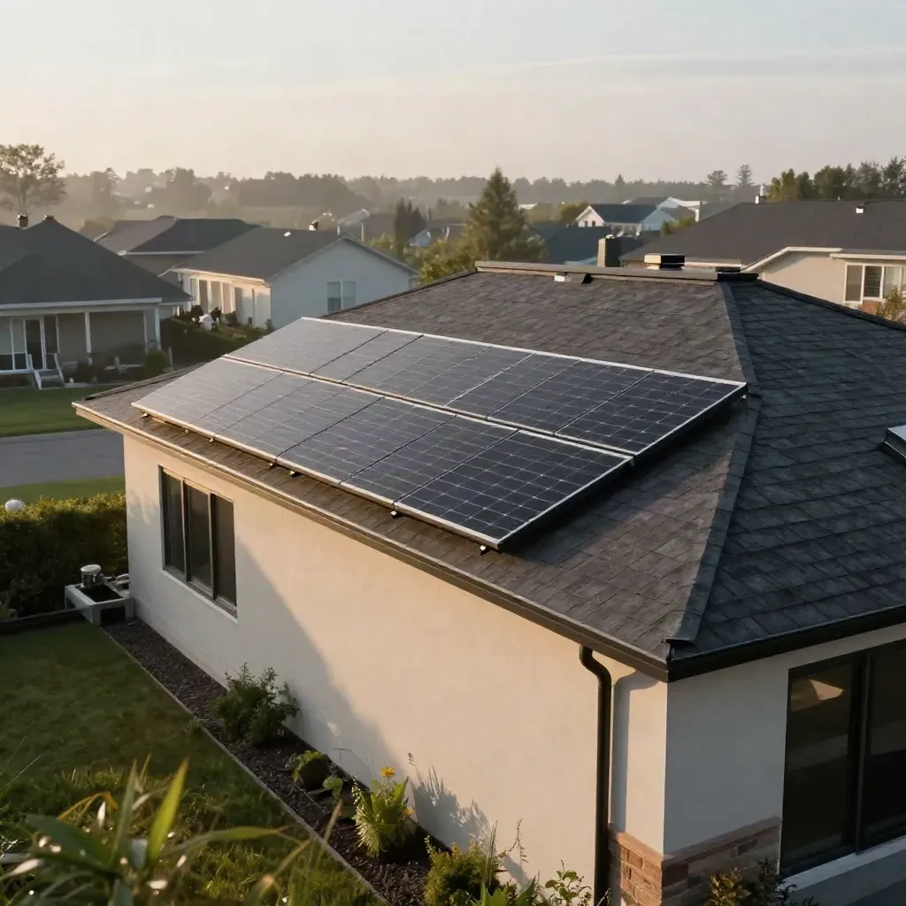 Solar panels neatly laid on a modern home roof, seen low from the lawn after rain.
