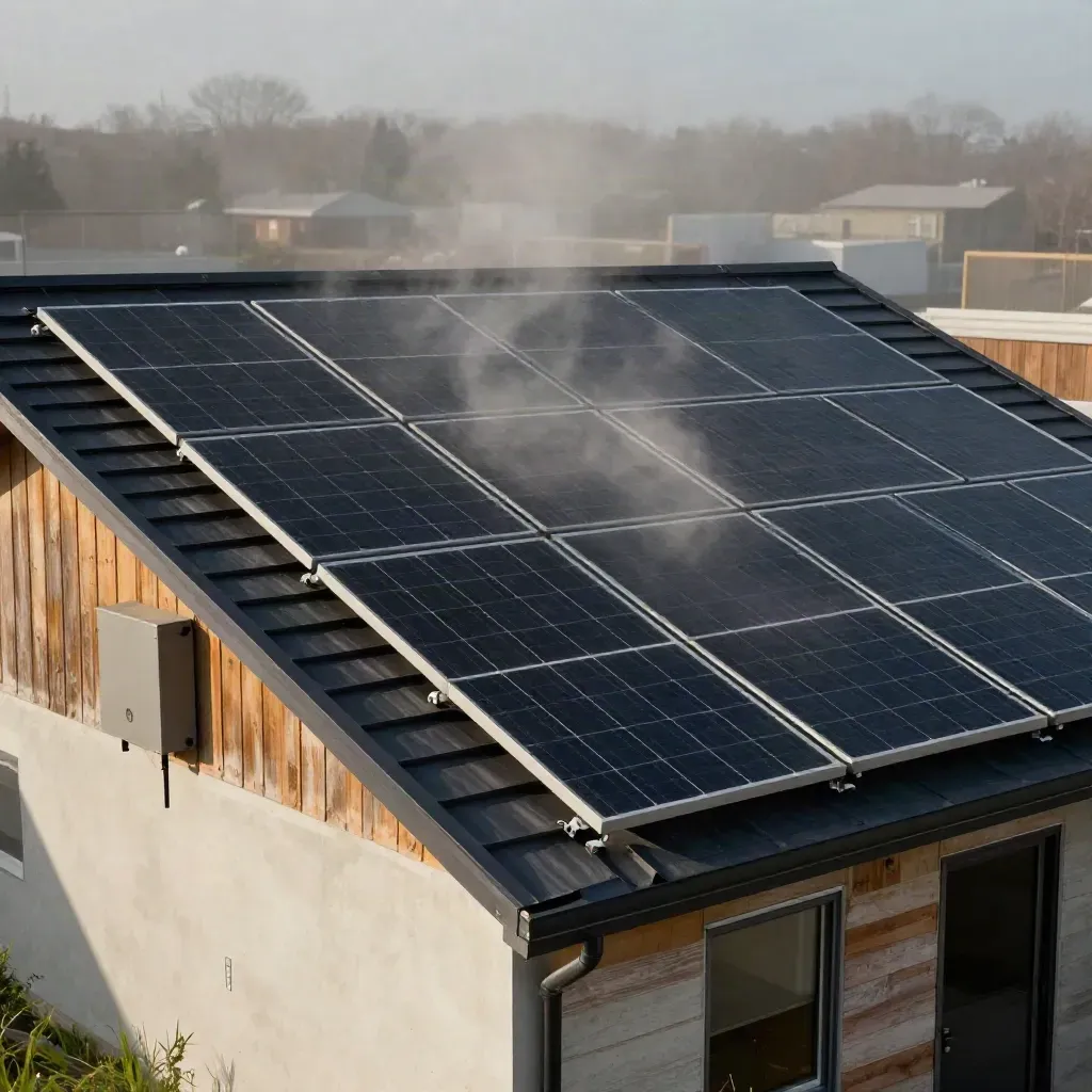 Low-angle rooftop solar install with panels, inverter enclosure, and wind-blown motion.