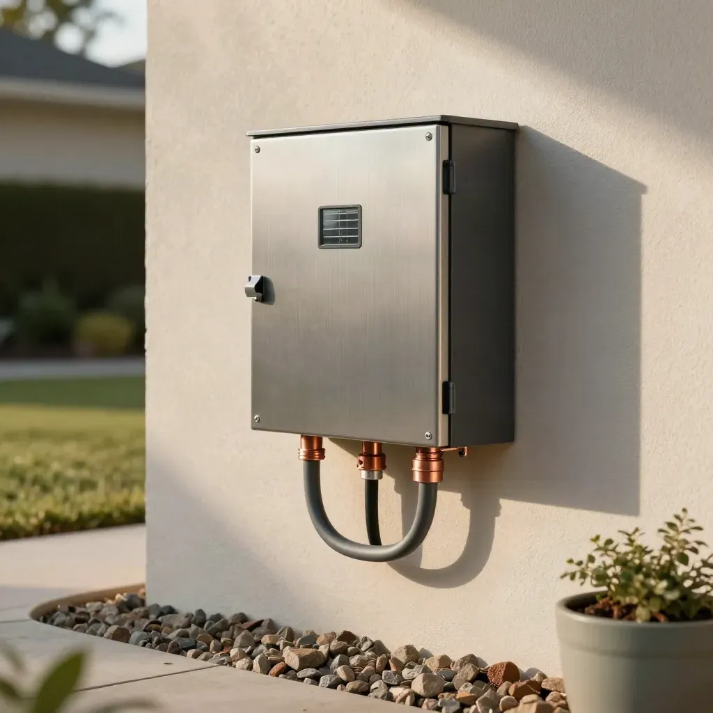Hybrid inverter beside breaker panel on a stucco wall with copper grounding and conduit