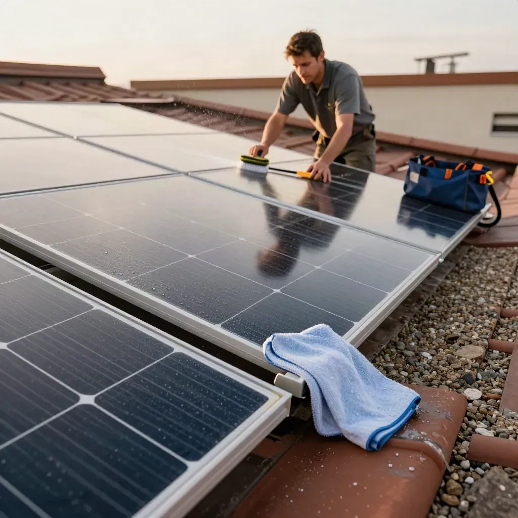 Clean solar panel being rinsed on a rooftop walkway with maintenance tools beside it.