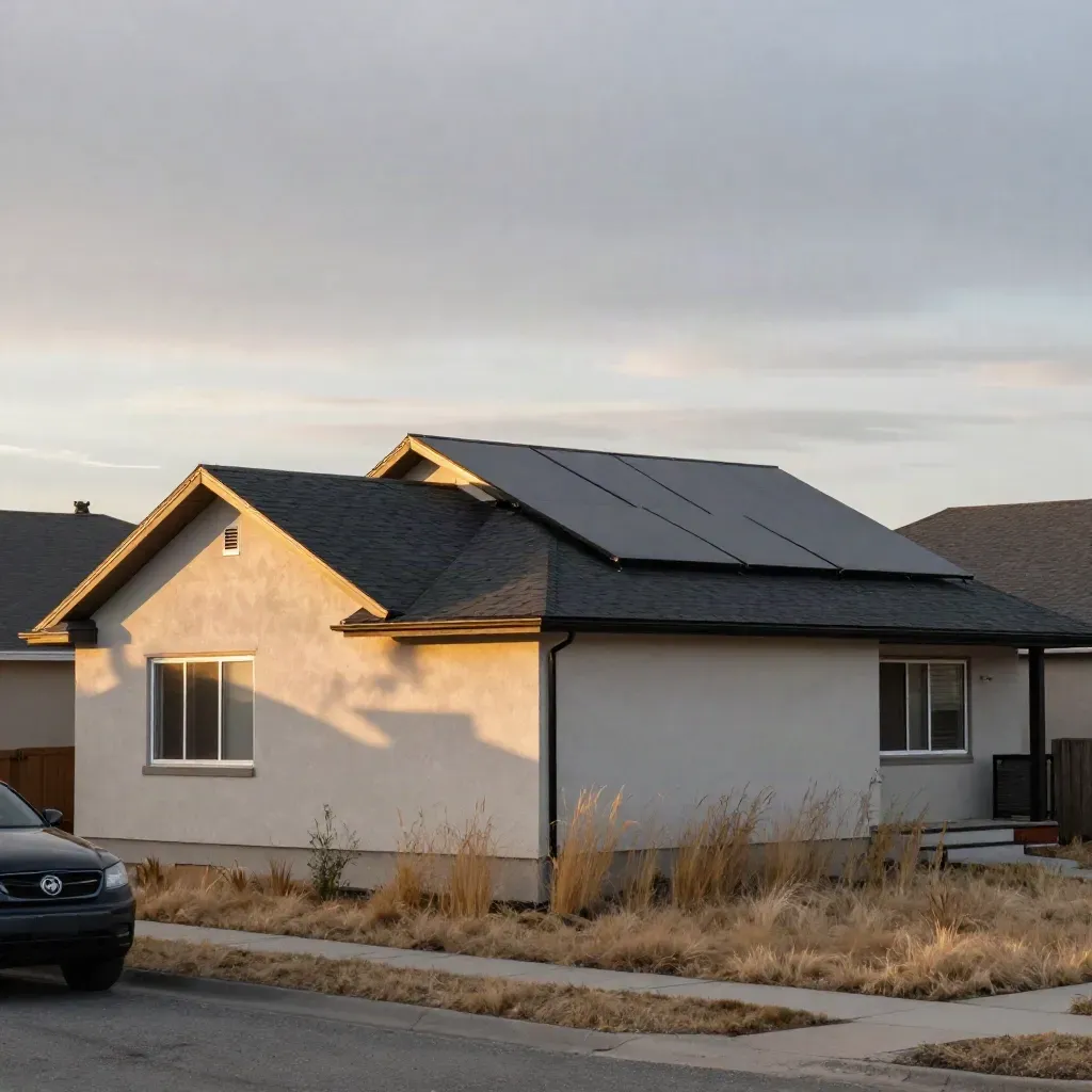 Black solar panels on a Calgary bungalow at golden hour, with dry grass and pale stucco