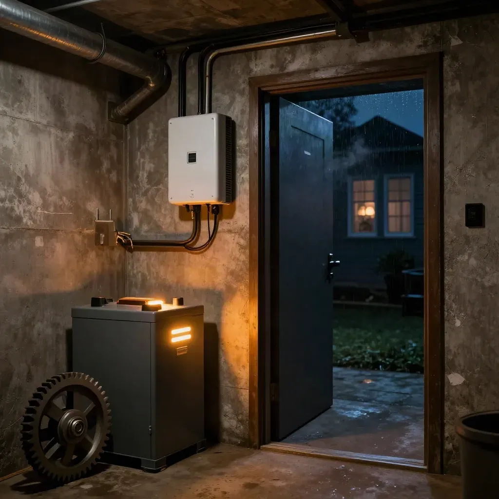 Basement battery bank and inverter powering a dim Ottawa home through an outage.