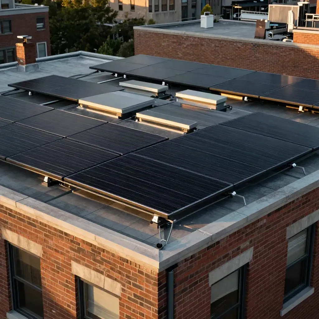 Solar panels on a Toronto duplex roof with skylights and inverter wall in warm evening light.