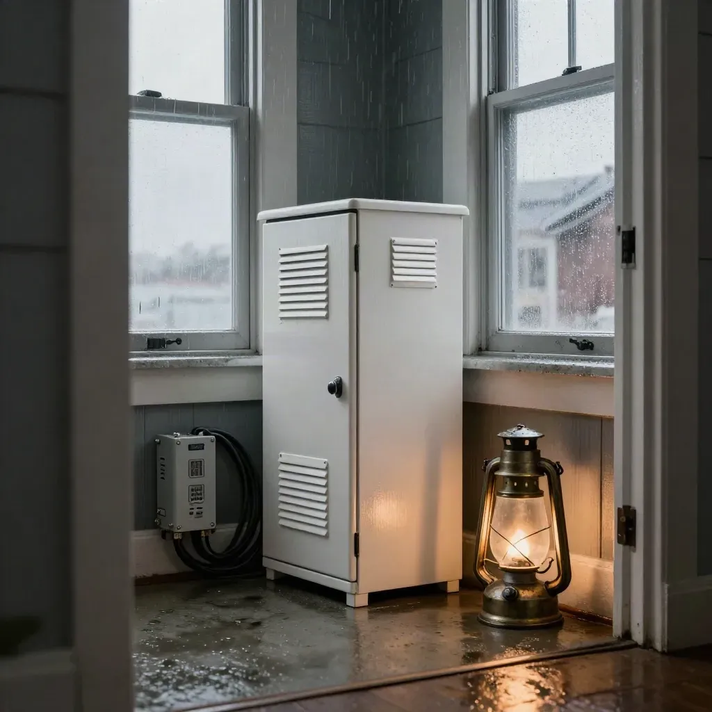 Halifax utility nook with battery cabinet, lantern, and rain-spattered windows in storm light