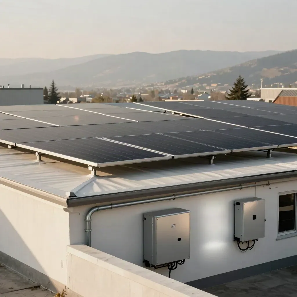 Solar panels and inverter room on a Kelowna shop roof in bright midday heat.