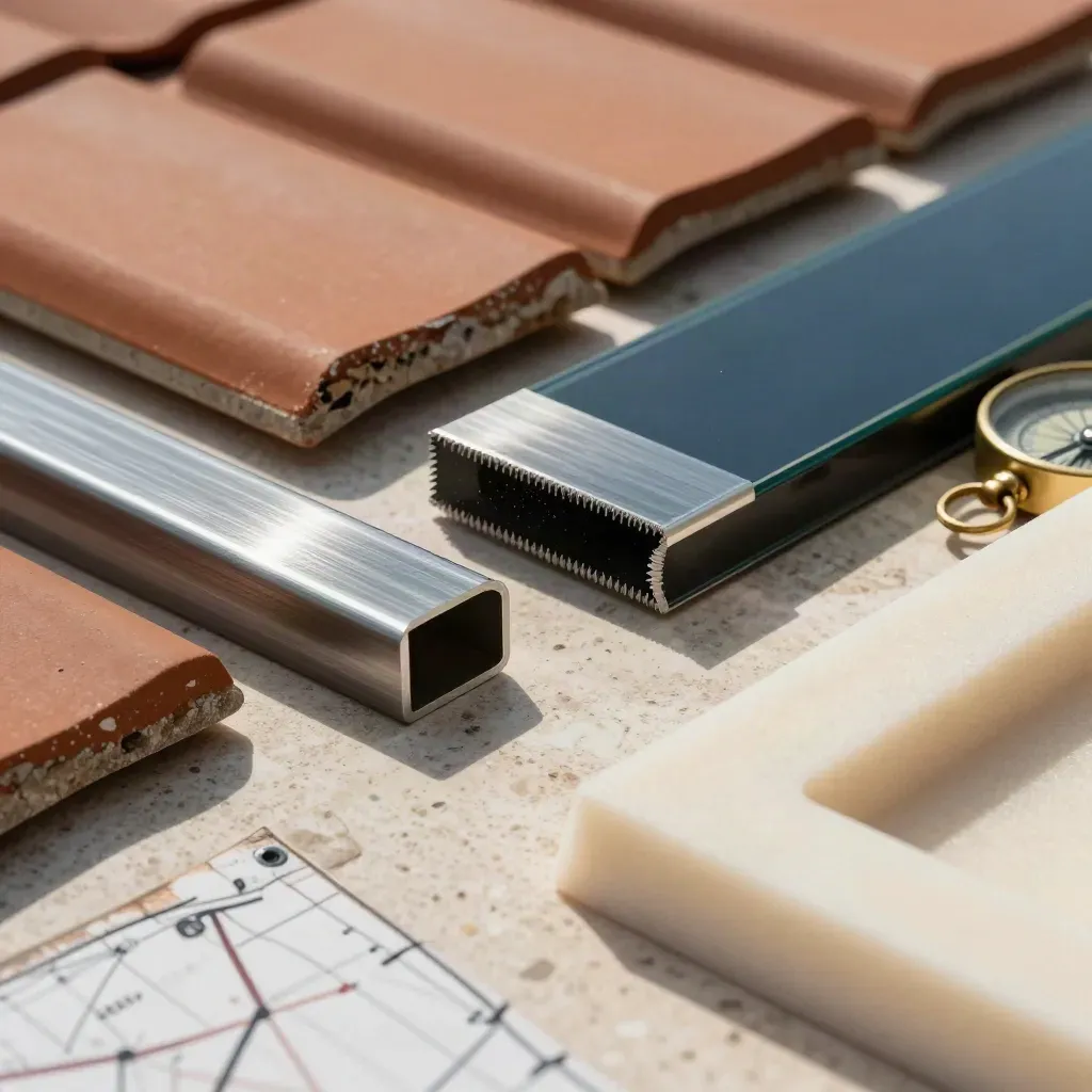 Solar roof samples, rail offcuts, panel corner, compass and foam mockup on travertine.