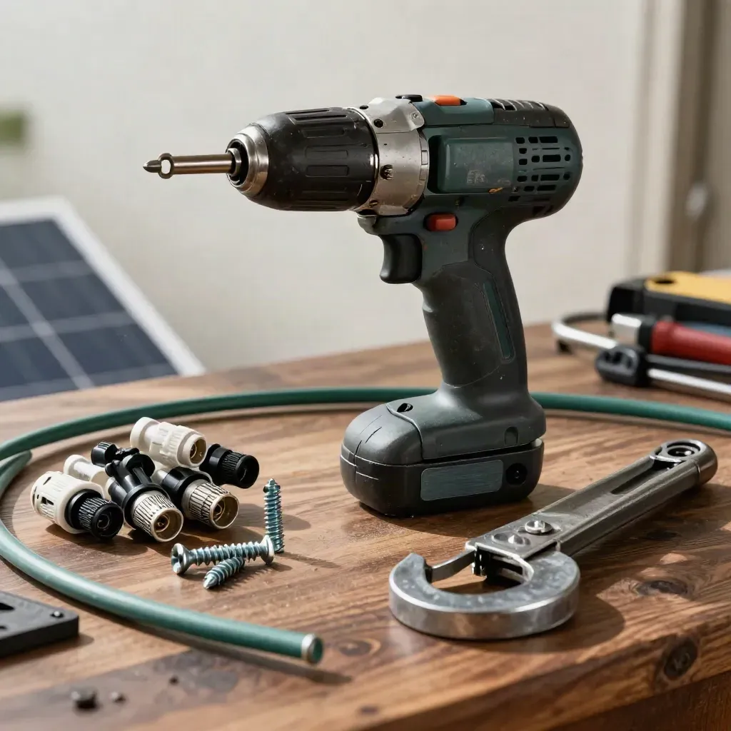 Solar installer tools on a dark workbench with screws, connectors, and conduit bender