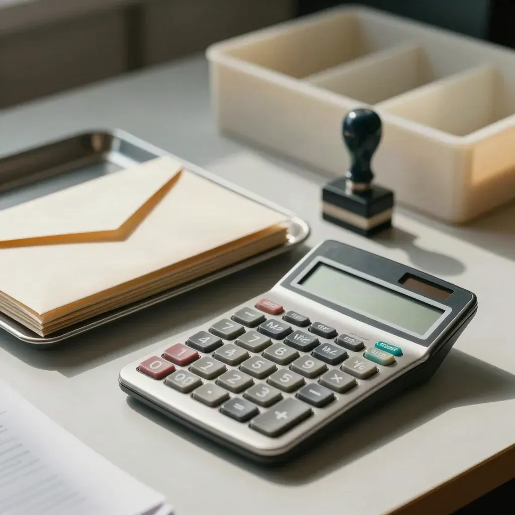 Calculator, stamp, envelopes and filing tray on a pale desk in soft office light.