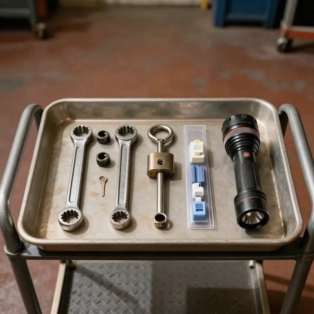 Top-down service cart with torque wrench, fuses, breaker caps, lockout hasp, and flashlight