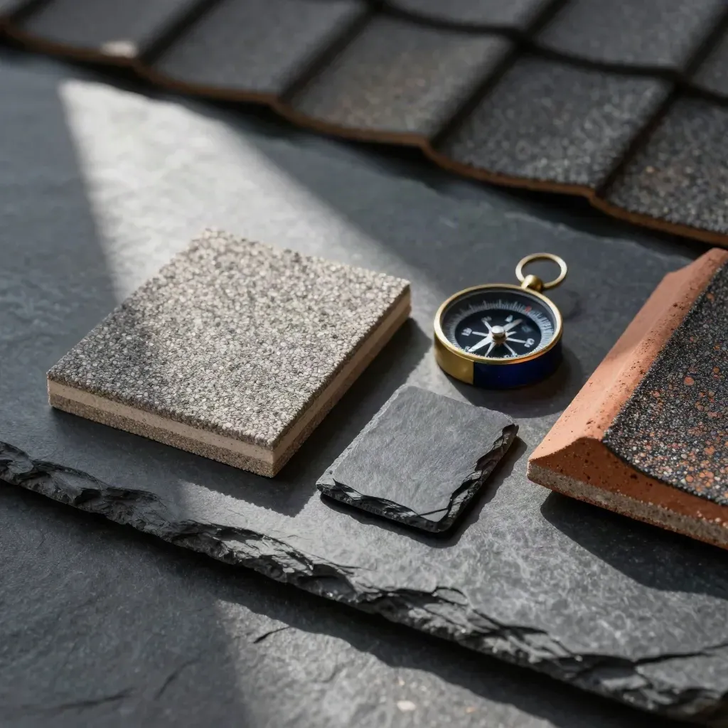 Roof shingles, slate offcut, tile corner and compass on dark stone in soft side light.