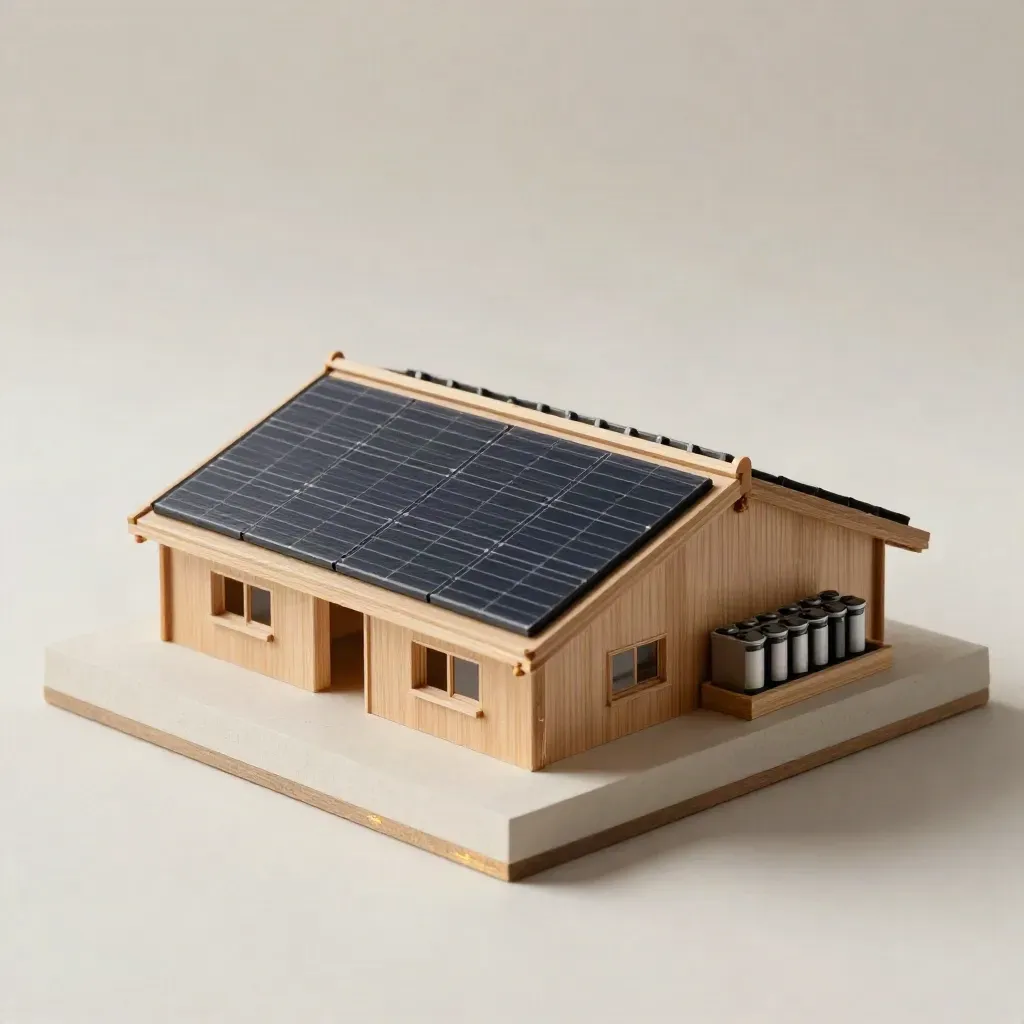 Mini roof mockup with solar tiles, vent blocks, and a battery module on pale walnut