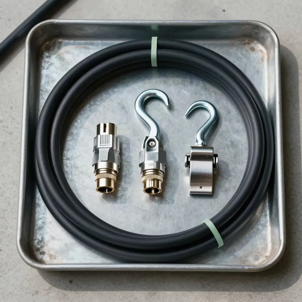 Overhead flatlay of solar cable, MC4 connectors, roof hook and rail clamp on a galvanized tray.