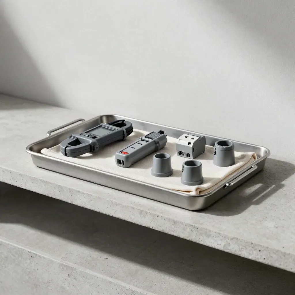 Clamp meter, outlet tester, breaker covers and conduit fittings on a concrete service shelf.