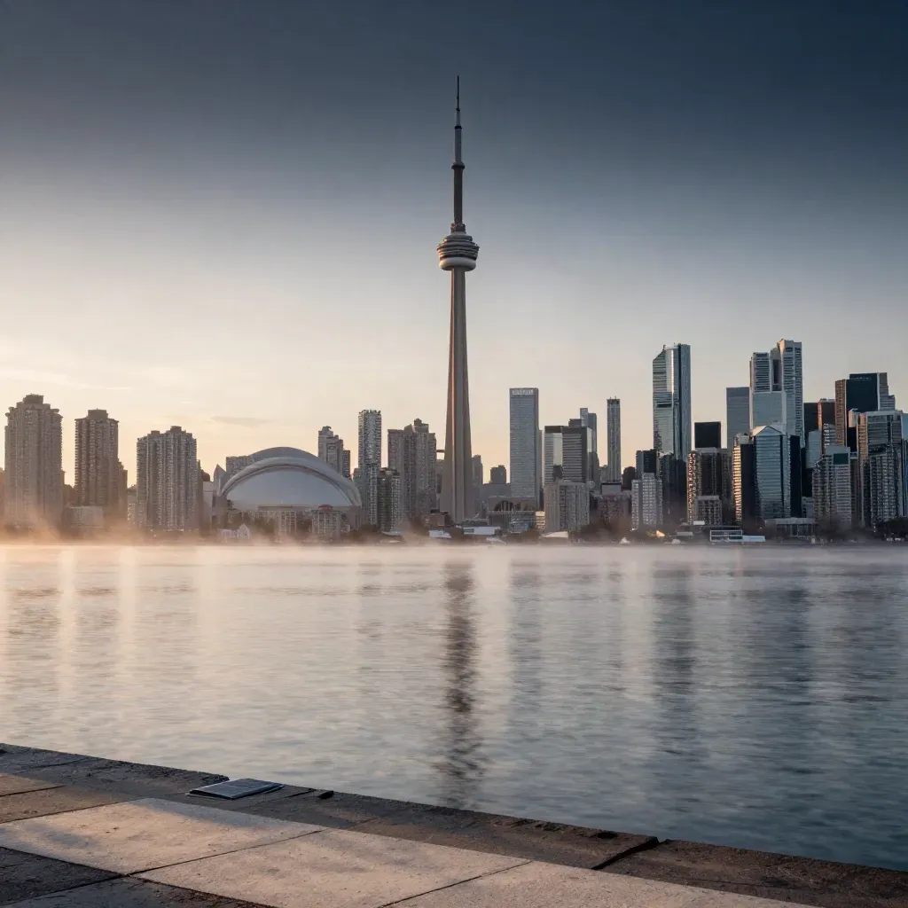Toronto skyline glowing above calm lakefront haze at sunset.